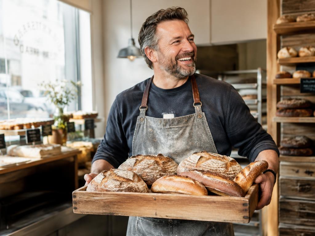 Bakker draagt lachend een plank met vers brood door zijn bakkerij