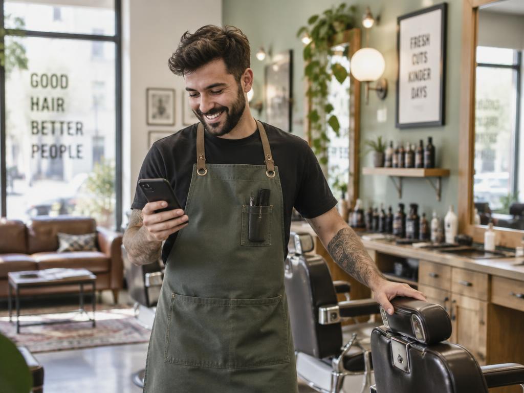 Barbier bekijkt tevreden zijn telefoon in zijn barbershop