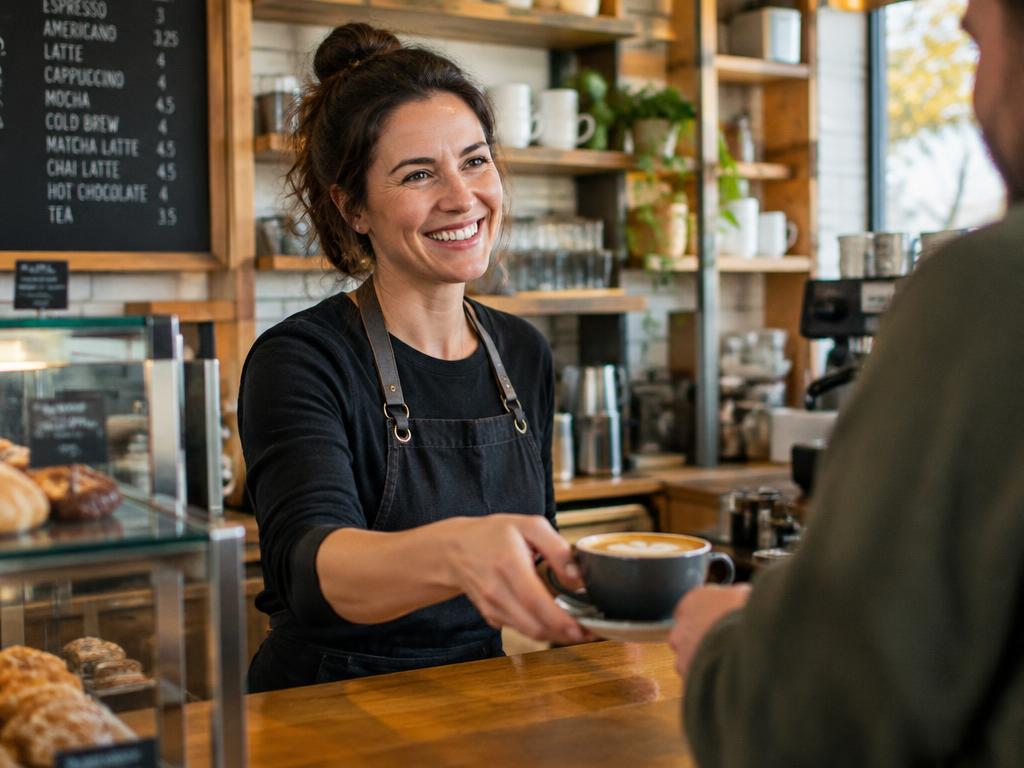 Café-eigenaresse serveert glimlachend koffie aan een gast