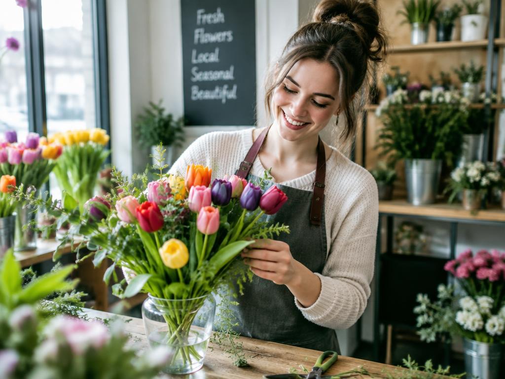 Bloemiste schikt lachend een kleurrijk tulpenboeket in haar winkel