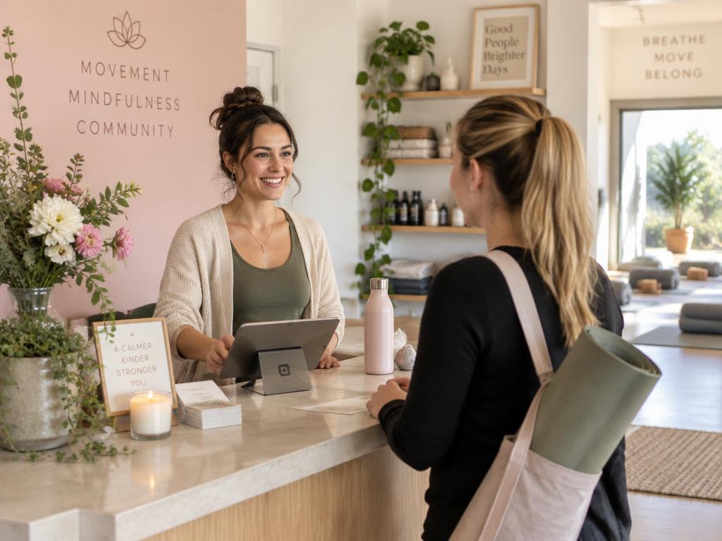 Eigenaresse van een wellnessstudio verwelkomt een gast